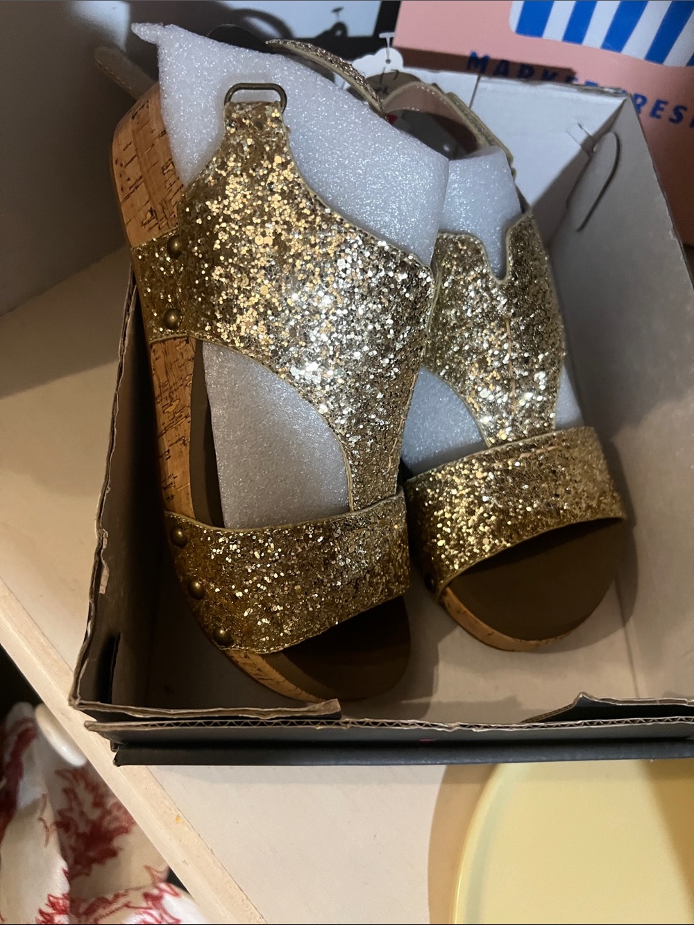 Corkys Boutique Gold Glitter Wedge Sandals with Ankle Strap